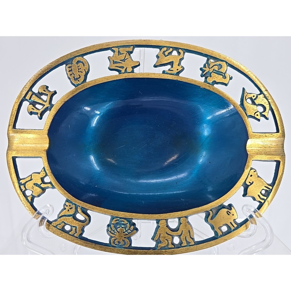 Vtg Brass Zodiac Ashtray Made In Israel 5901 - Heavy - Beautiful Blue Glaze!